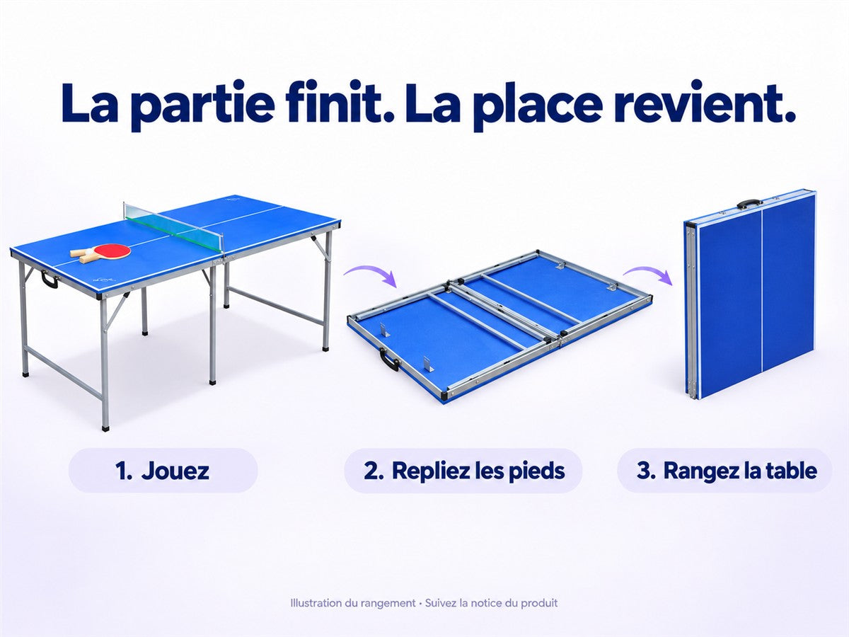 Illustration du rangement : table ouverte, pieds repliés, puis table fermée avec poignée.
