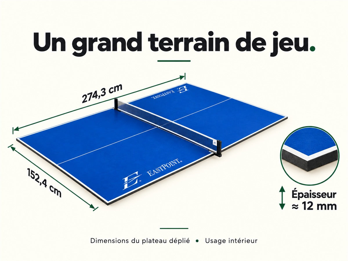 Dimensions du plateau déplié : 274,3 × 152,4 cm ; épaisseur environ 12 mm.