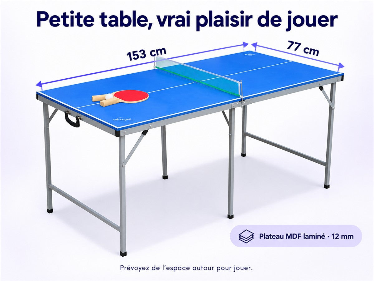 Dimensions de la petite table de ping-pong : 153 × 77 cm, plateau MDF laminé de 12 mm.