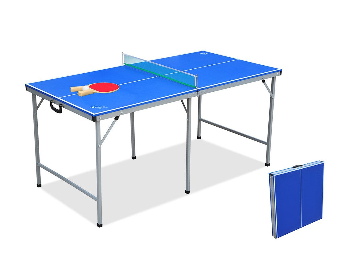 Table de ping-pong SMALL ouverte et repliée, avec filet et raquettes.