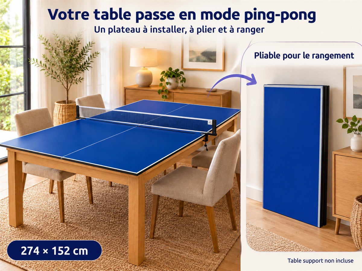 Plateau de ping-pong pliable 274 × 152 cm posé sur une table à manger et présenté replié pour le rangement – mise en situation.